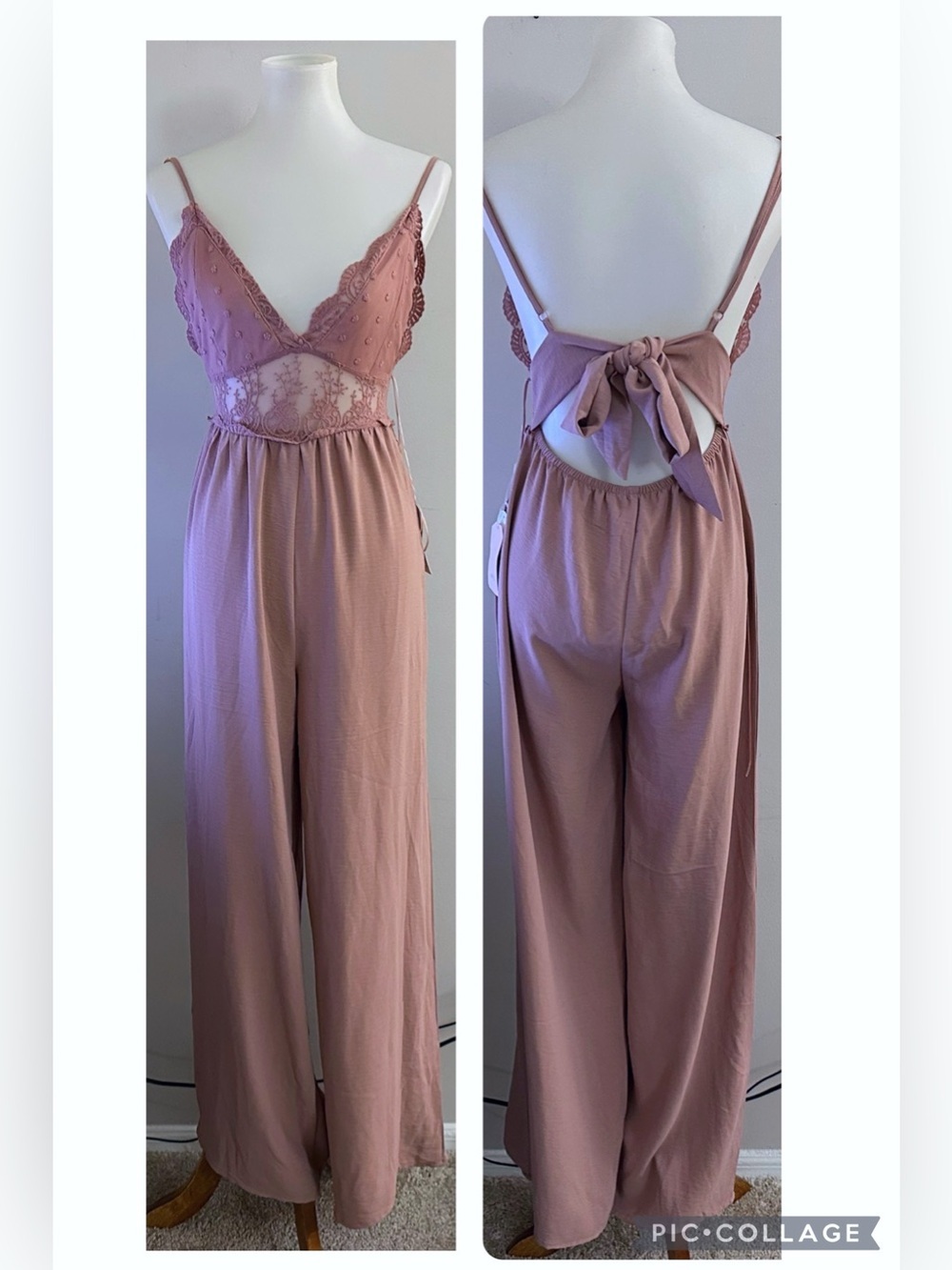 Blashe Mauve Blush Pink Lace Detail Wide Leg Jumpsuit Coquette Fairy Wedding